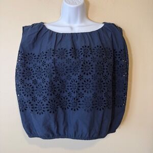Loft Navy Blue Eyelet Cotton Sleeveless Blouse Elastic Hem Top Large